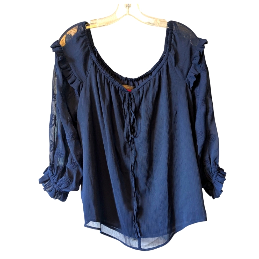 Vince Camuto Blue Long Sleeve Tie Front Blouse Embroidered Peasant Top Sz. L